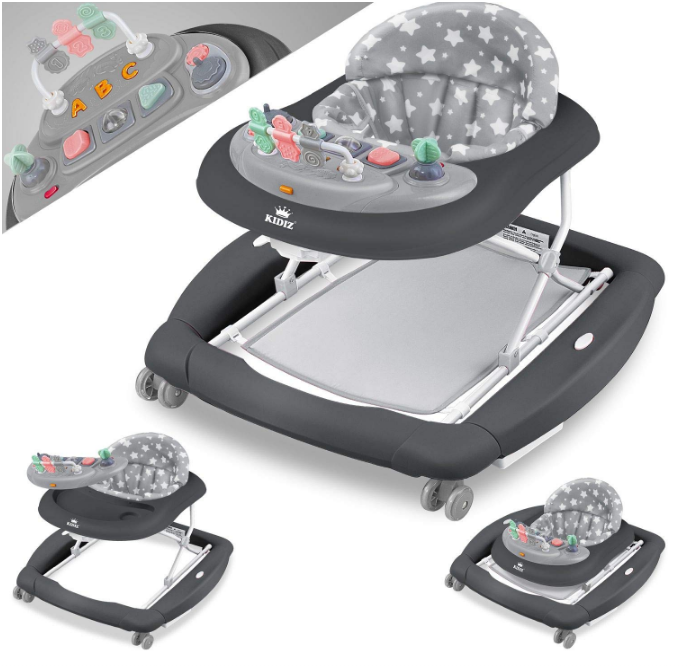 KIDIZ® 4in1 Lauflernhilfe Babywalker Spiel- und Lauflernwagen Gehfrei Schaukelfunktion Babywippe mit Rollen, Licht, Musik,Spielecenter Esstisch Laufstuhl Laufhilfe babys ab 6 Monaten Klappbar Grau