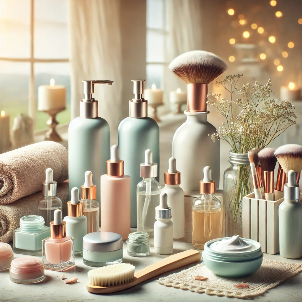 DALL·E 2024 12 17 19.03.54 A clean, well organized cosmetic facial treatment setup with skincare products like cleansers, exfoliators, masks, serums, and moisturizers neatly arr