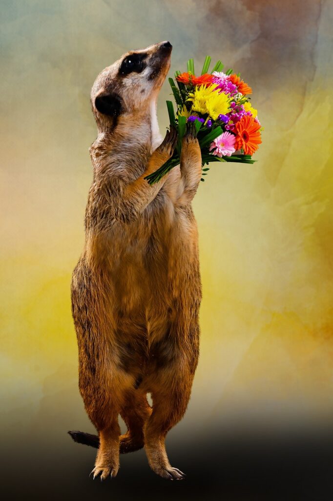 animal, meerkat, bunch of flowers
